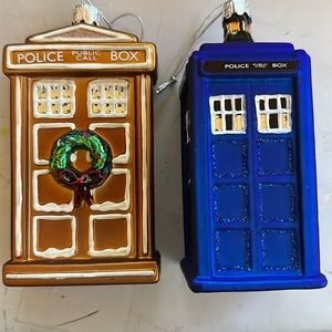 Two glass Doctor Who Tardis Ornaments